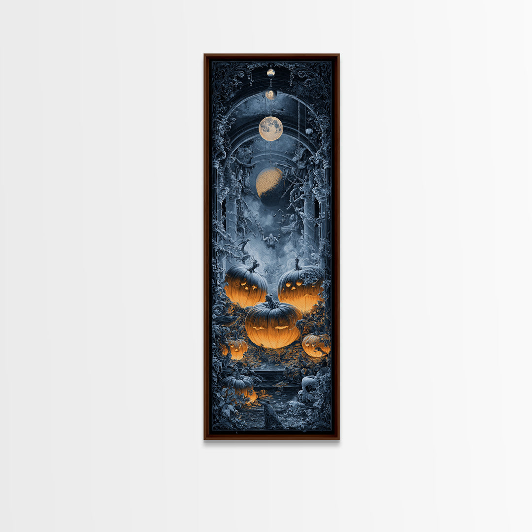 Pumpkins And Moon Phases, Tall Narrow Wall Art, Haunted Gothic Art, Framed Canvas Print, Halloween Wall Decor, Gothic Home Decor