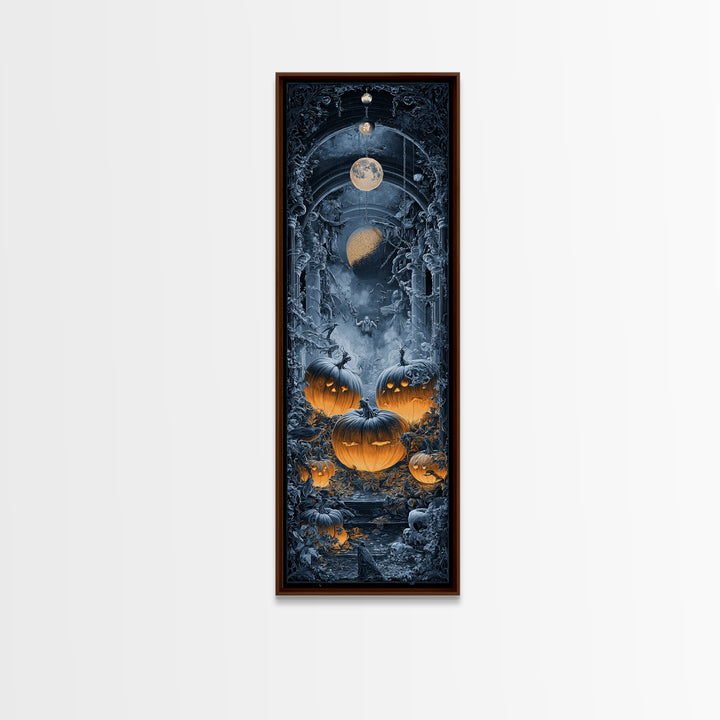 Pumpkins And Moon Phases, Tall Narrow Wall Art, Haunted Gothic Art, Framed Canvas Print, Halloween Wall Decor, Gothic Home Decor