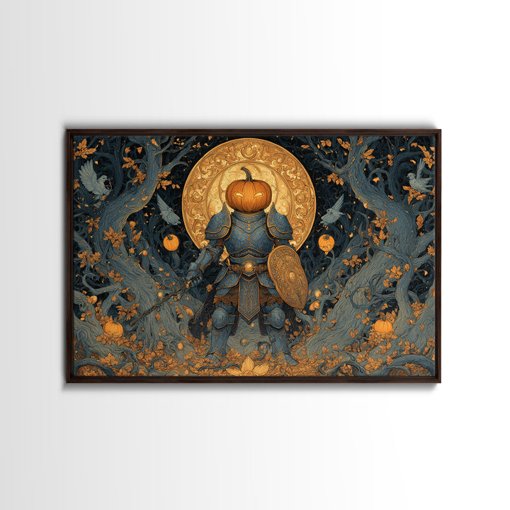 The Pumpkin Paladin, Landscape Wall Art, Haunted Gothic Art, Framed Canvas Print, Halloween Wall Decor, Gothic Home Decor