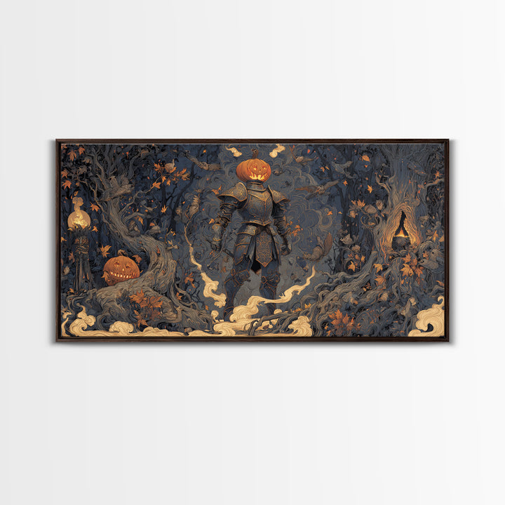The Pumpkin Paladin, Wide Panoramic Art, Haunted Gothic Art, Framed Canvas Print, Halloween Wall Decor, Gothic Home Decor, Dark Fantasy Art