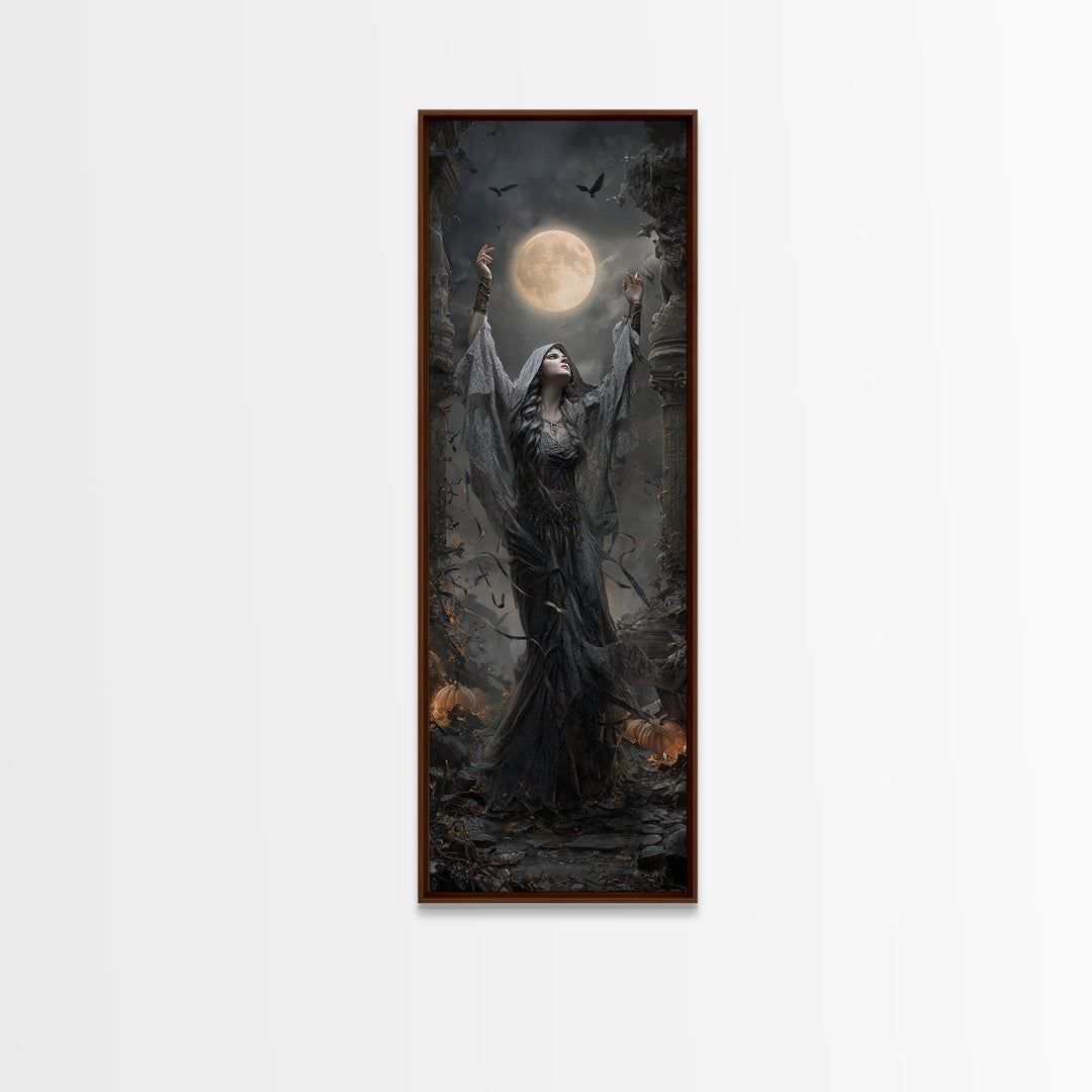 The Moon Priestess, Tall Narrow Wall Art, Gothic Horror Wall Art, Framed Canvas Print, Halloween Wall Decor, Gothic Home Decor