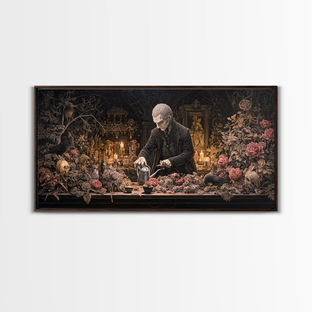 The Graveyard Gardener, Wide Panoramic Art, Gothic Horror Wall Art, Framed Canvas Print, Halloween Wall Decor, Gothic Home Decor