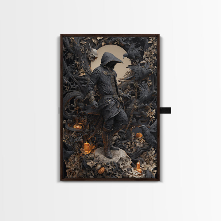 The Crow-Masked Assassin, Vertical Wall Art, Haunted Gothic Art, Framed Canvas Print, Halloween Wall Decor, Gothic Home Decor