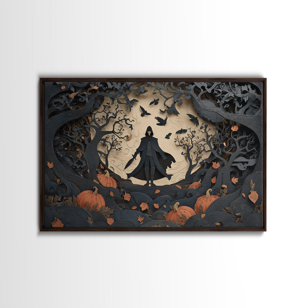 The Crow-Masked Assassin, Landscape Wall Art, Gothic Horror Wall Art, Framed Canvas Print, Halloween Wall Decor, Gothic Home Decor