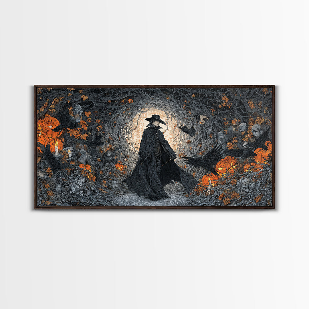 The Crow-Masked Assassin, Wide Panoramic Art, Gothic Horror Wall Art, Framed Canvas Print, Halloween Wall Decor, Gothic Home Decor