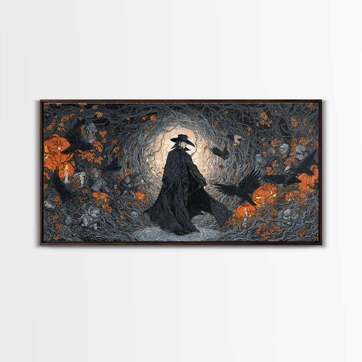 The Crow-Masked Assassin, Wide Panoramic Art, Gothic Horror Wall Art, Framed Canvas Print, Halloween Wall Decor, Gothic Home Decor