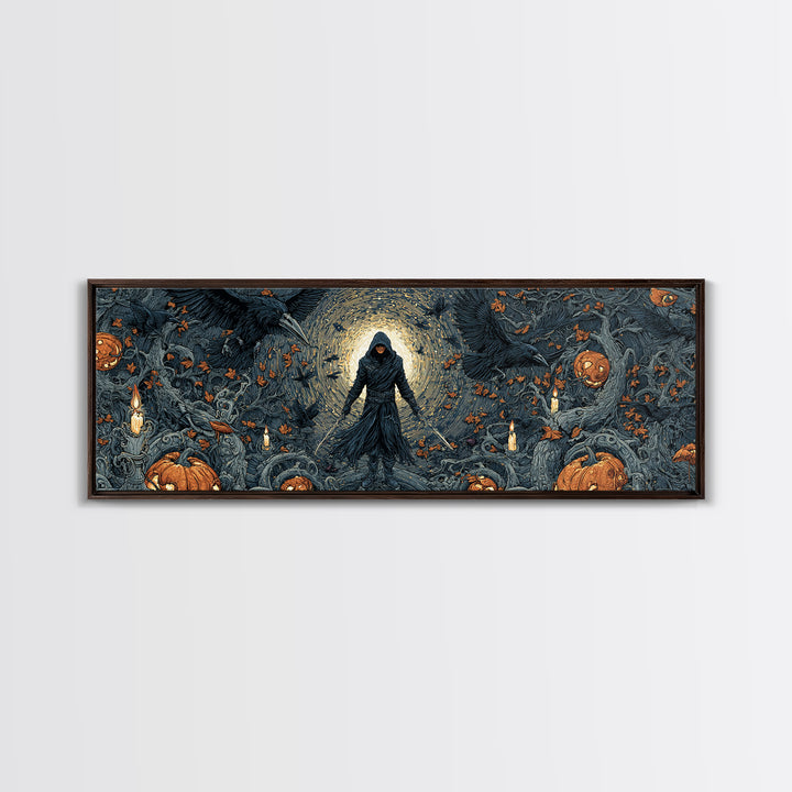 The Crow-Masked Assassin, Extra Wide Wall Art, Macabre Wall Art, Framed Canvas Print, Halloween Wall Decor, Gothic Home Decor