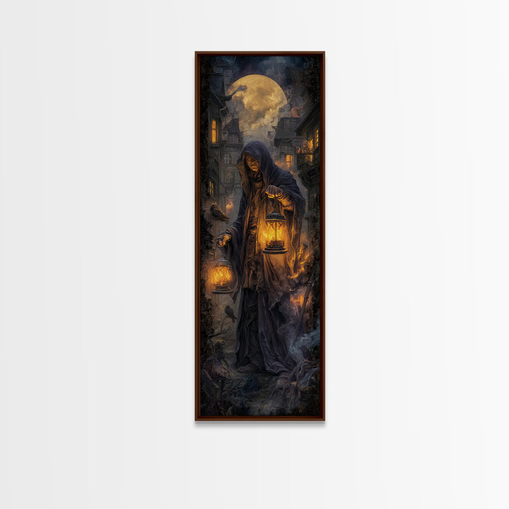 The Lantern Mage, Tall Narrow Wall Art, Dark Fantasy Wall Art, Canvas Print, Halloween Wall Decor, Gothic Home Decor, Dark Fantasy Art