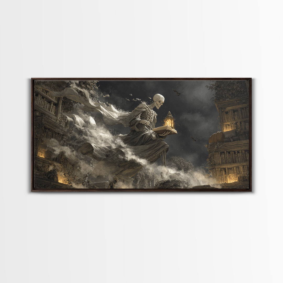 The Crypt Librarian, Wide Panoramic Art, Gothic Horror Wall Art, Framed Canvas Print, Halloween Wall Decor, Gothic Home Decor