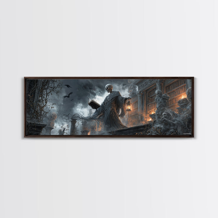 The Crypt Librarian, Extra Wide Wall Art, Macabre Wall Art, Framed Canvas Print, Halloween Wall Decor, Gothic Home Decor, Spooky Wall Decor