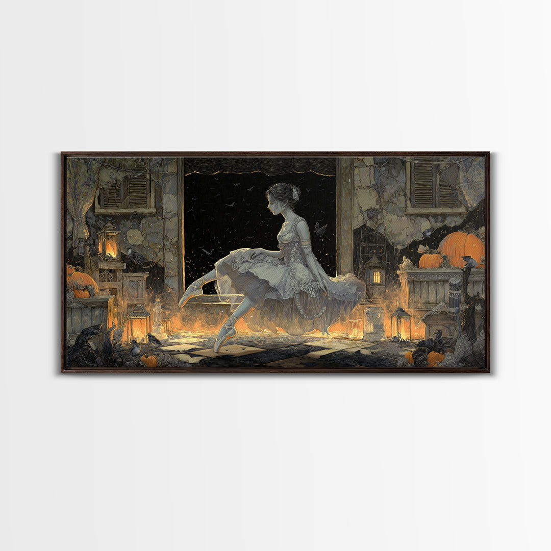 The Phantom Ballerina, Wide Panoramic Art, Haunted Gothic Art, Framed Canvas Print, Halloween Wall Decor, Gothic Home Decor