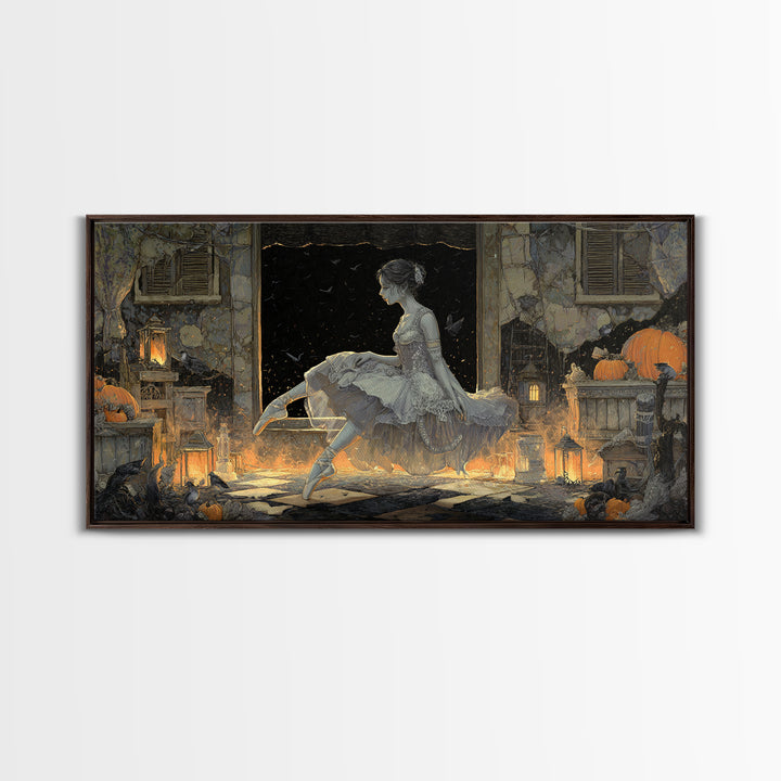 The Phantom Ballerina, Wide Panoramic Art, Haunted Gothic Art, Framed Canvas Print, Halloween Wall Decor, Gothic Home Decor