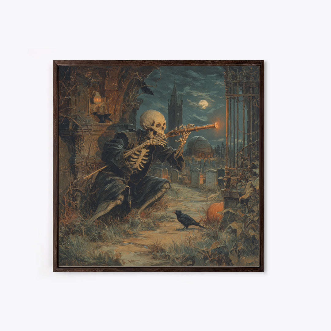The Skull Astronomer, Square Wall Art, Macabre Wall Art, Framed Canvas Print, Halloween Wall Decor, Gothic Home Decor, Halloween Decor