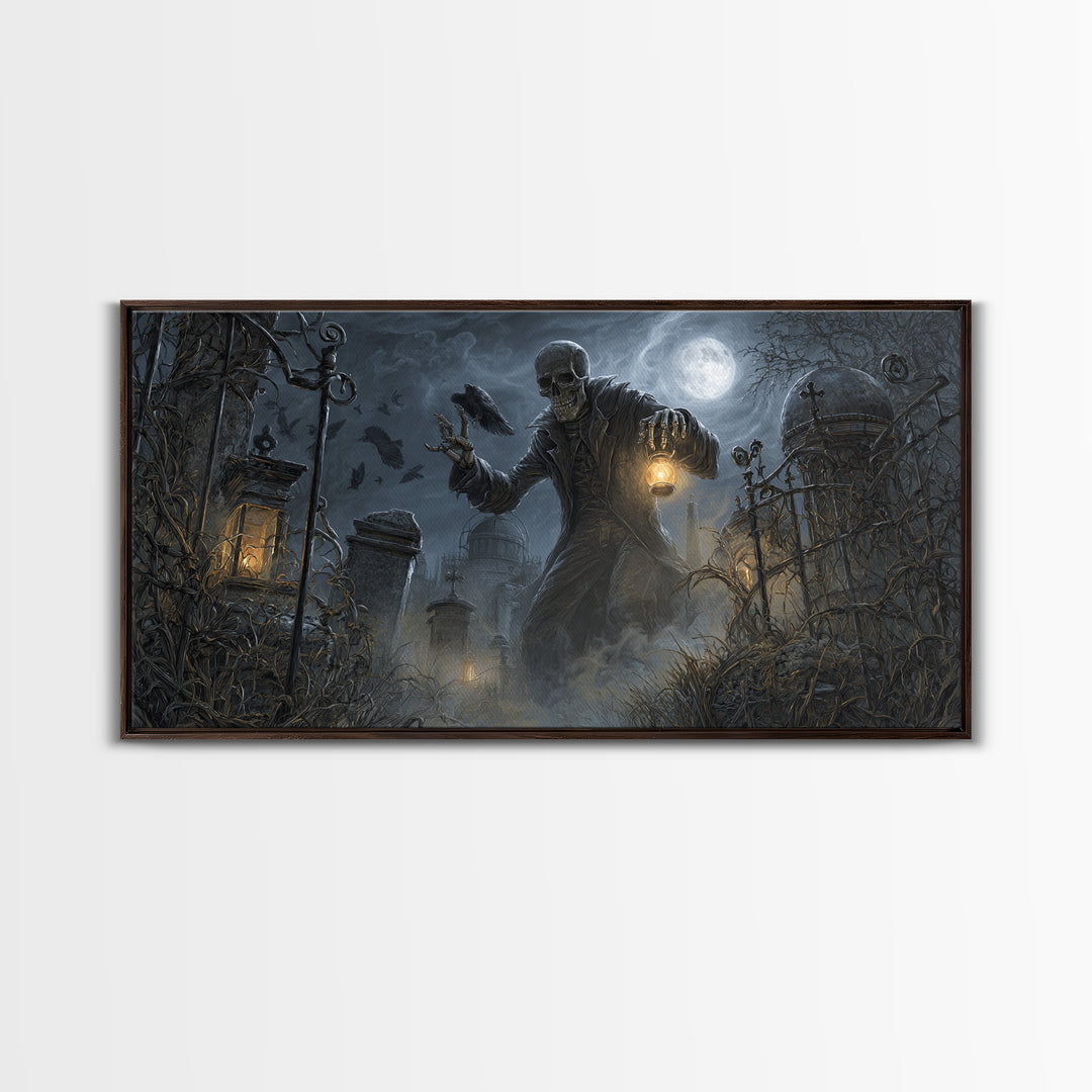 The Skull Astronomer, Wide Panoramic Art, Gothic Horror Wall Art, Framed Canvas Print, Halloween Wall Decor, Gothic Home Decor