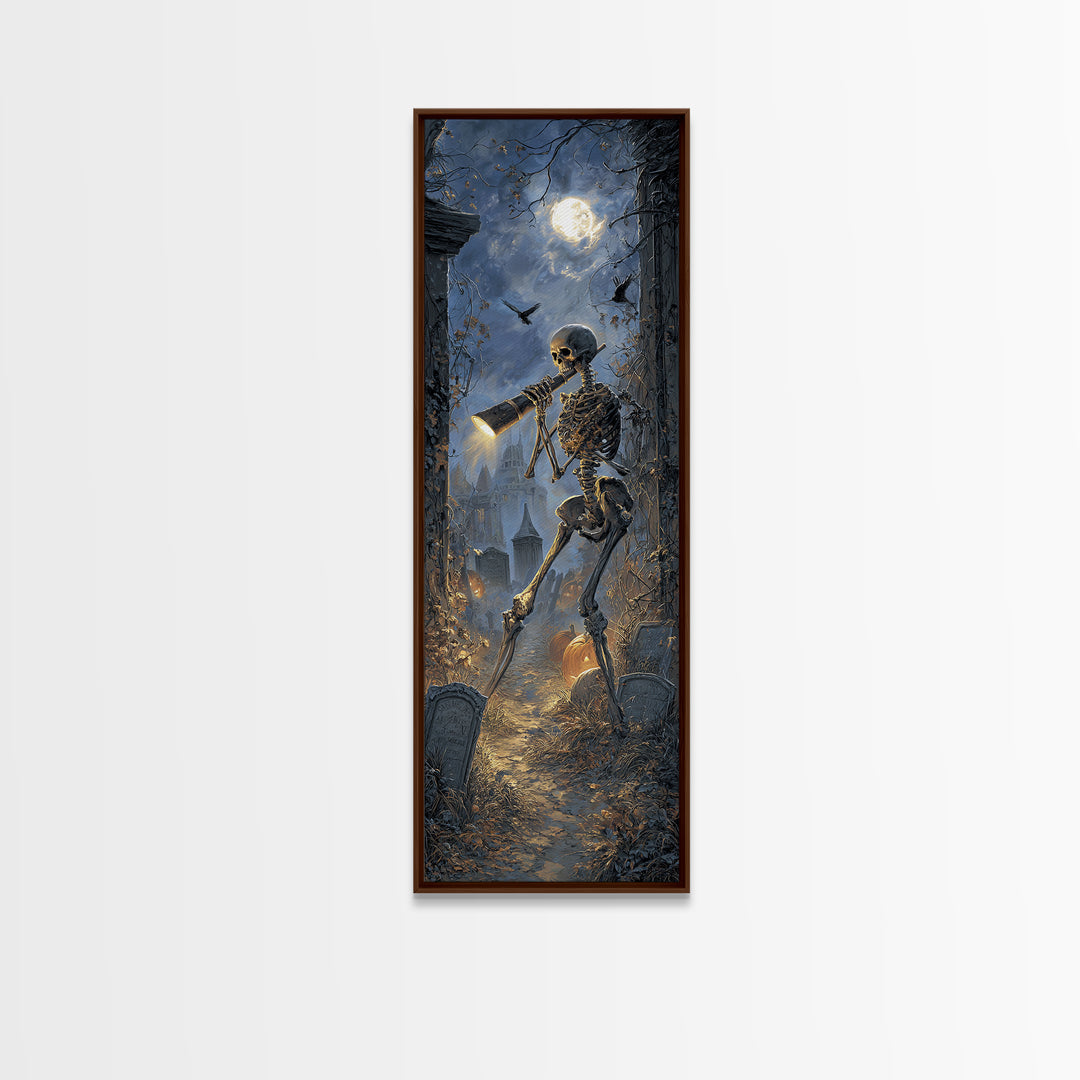 The Skull Astronomer, Tall Narrow Wall Art, Gothic Horror Wall Art, Framed Canvas Print, Halloween Wall Decor, Gothic Home Decor