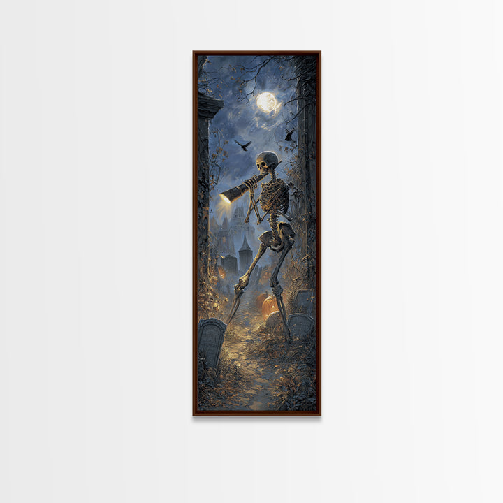 The Skull Astronomer, Tall Narrow Wall Art, Gothic Horror Wall Art, Framed Canvas Print, Halloween Wall Decor, Gothic Home Decor
