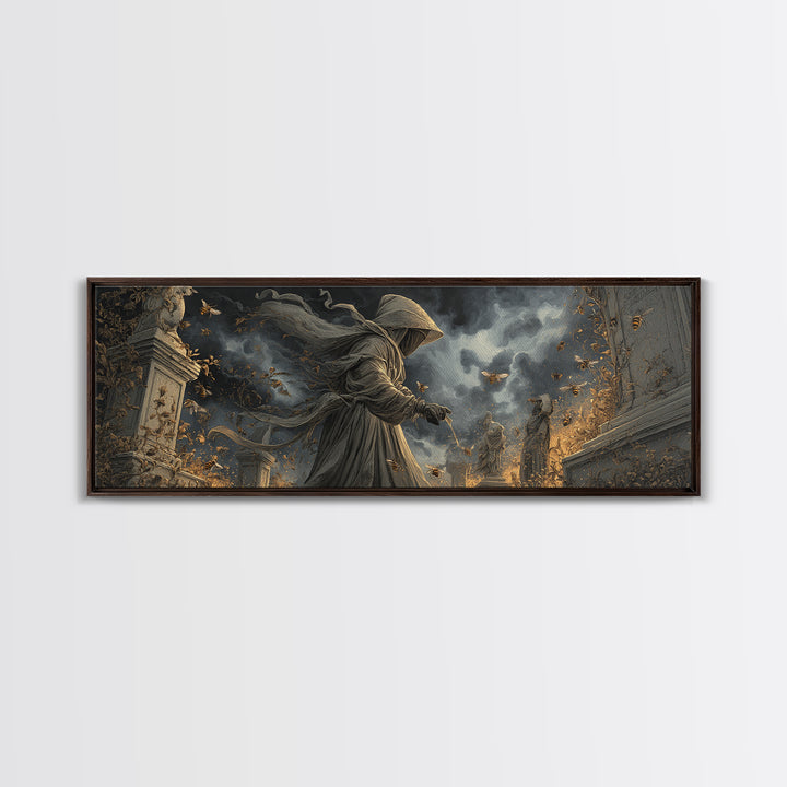 The Cemetery Beekeeper, Extra Wide Wall Art, Spooky Home Decor, Canvas Print, Halloween Wall Decor, Gothic Home Decor, Statement Wall Art