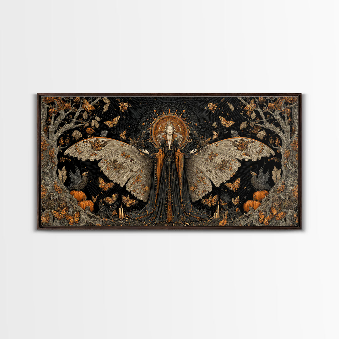 The Moth-Winged Empress, Wide Panoramic Art, Gothic Horror Wall Art, Framed Canvas Print, Halloween Wall Decor, Gothic Home Decor