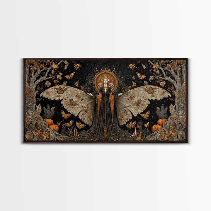 The Moth-Winged Empress, Wide Panoramic Art, Gothic Horror Wall Art, Framed Canvas Print, Halloween Wall Decor, Gothic Home Decor