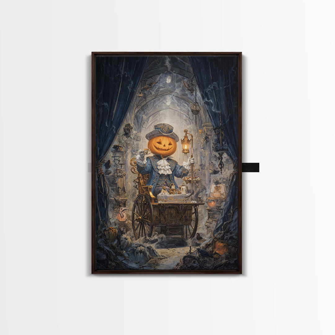The Pumpkin-Headed Tea Merchant, Vertical Wall Art, Macabre Wall Art, Framed Canvas Print, Halloween Wall Decor, Gothic Home Decor