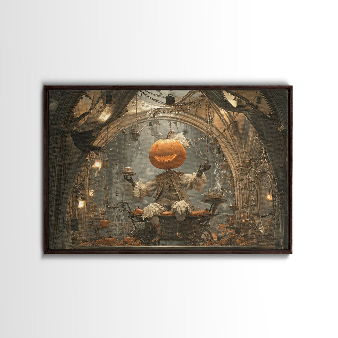 The Pumpkin-Headed Tea Merchant, Landscape Wall Art, Dark Halloween Decor, Canvas Print, Halloween Wall Decor, Gothic Home Decor