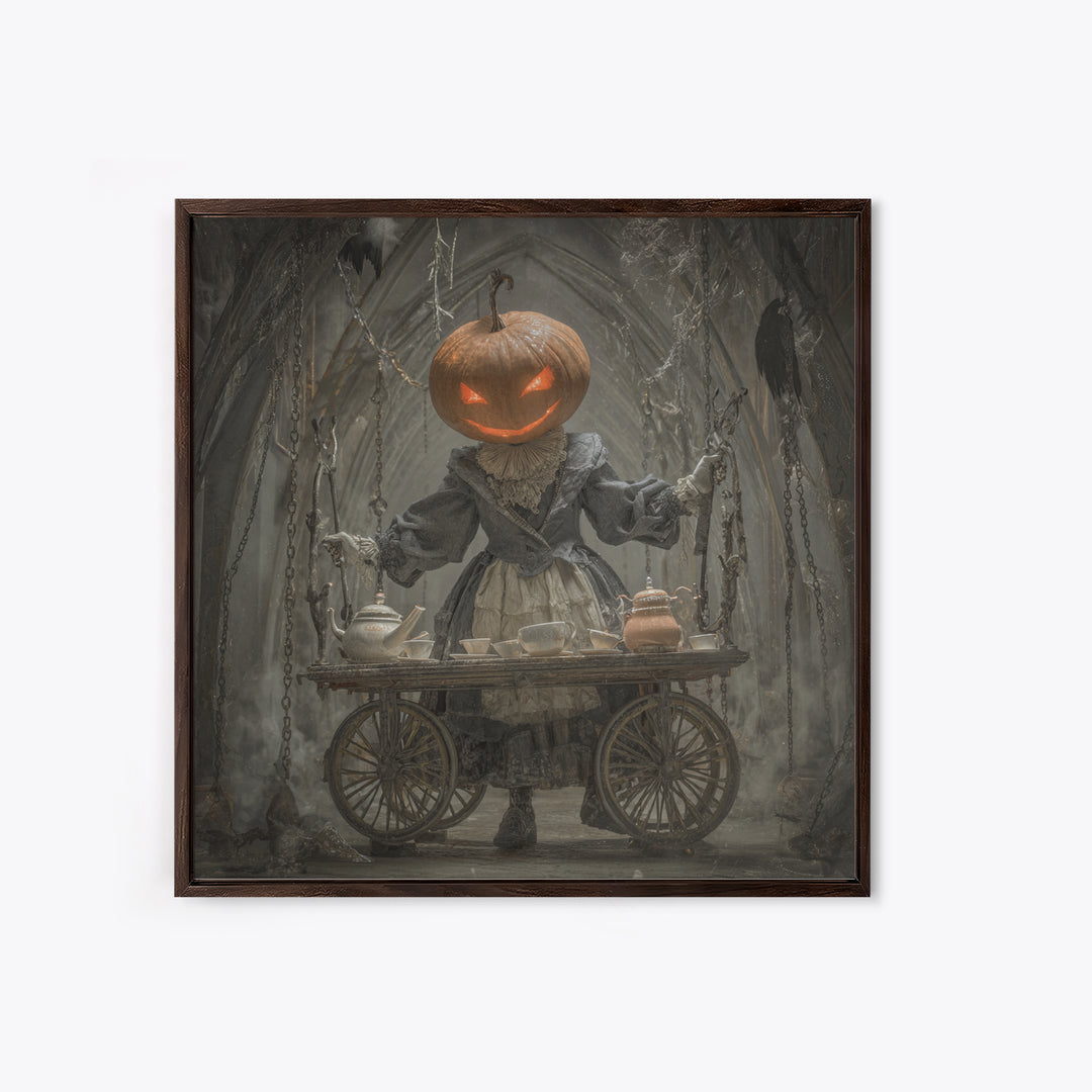 The Pumpkin-Headed Tea Merchant, Square Wall Art, Dark Fantasy Wall Art, Canvas Print, Halloween Wall Decor, Gothic Home Decor