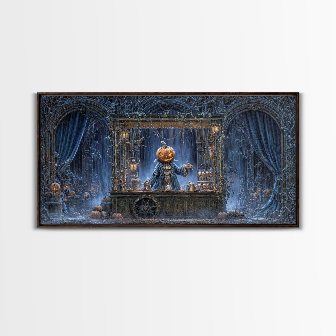 The Pumpkin-Headed Tea Merchant, Wide Panoramic Art, Dark Halloween Decor, Canvas Print, Halloween Wall Decor, Gothic Home Decor