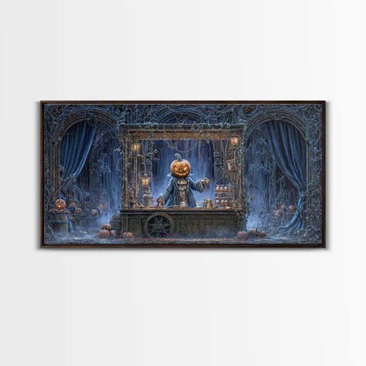 The Pumpkin-Headed Tea Merchant, Wide Panoramic Art, Dark Halloween Decor, Canvas Print, Halloween Wall Decor, Gothic Home Decor