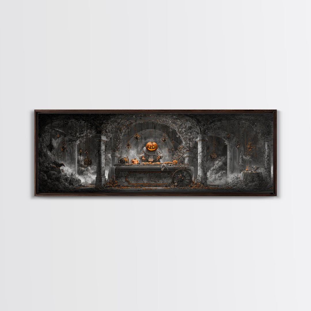 The Pumpkin-Headed Tea Merchant, Extra Wide Wall Art, Dark Fantasy Wall Art, Canvas Print, Halloween Wall Decor, Gothic Home Decor