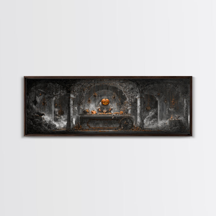 The Pumpkin-Headed Tea Merchant, Extra Wide Wall Art, Dark Fantasy Wall Art, Canvas Print, Halloween Wall Decor, Gothic Home Decor