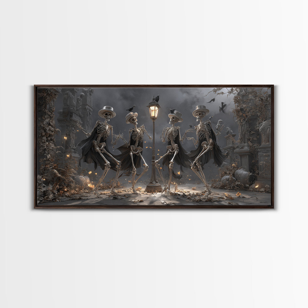 The Skeleton Barbershop Quartet, Wide Panoramic Art, Macabre Wall Art, Framed Canvas Print, Halloween Wall Decor, Gothic Home Decor