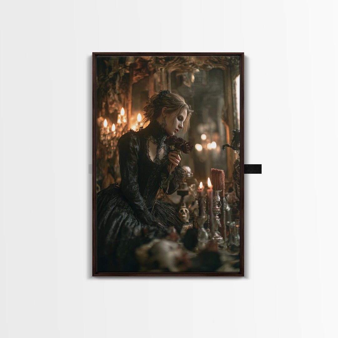 The Vampire Florist, Vertical Wall Art, Haunted Gothic Art, Framed Canvas Print, Halloween Wall Decor, Gothic Home Decor, Horror Wall Art