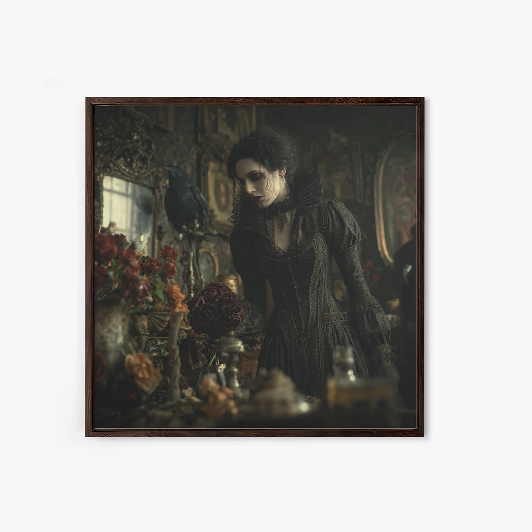 The Vampire Florist, Square Wall Art, Gothic Horror Wall Art, Framed Canvas Print, Halloween Wall Decor, Gothic Home Decor