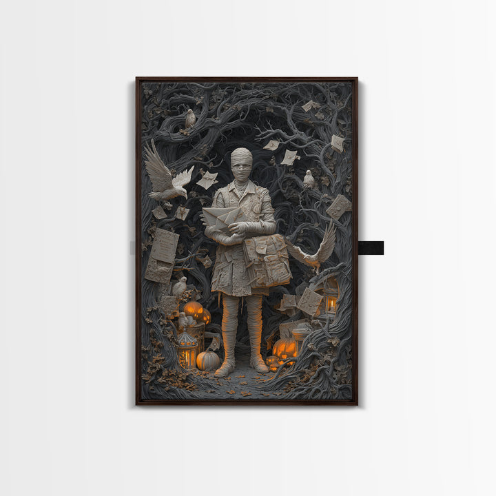 The Mummy Mail Carrier, Vertical Wall Art, Gothic Horror Wall Art, Framed Canvas Print, Halloween Wall Decor, Gothic Home Decor
