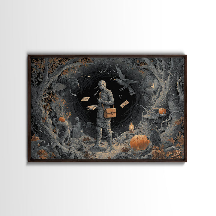 The Mummy Mail Carrier, Landscape Wall Art, Haunted Gothic Art, Framed Canvas Print, Halloween Wall Decor, Gothic Home Decor