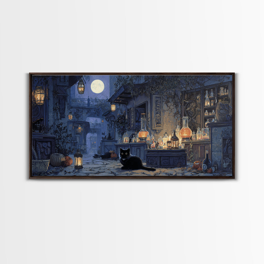 The Witch'S Cat Cafe, Wide Panoramic Art, Dark Fantasy Wall Art, Canvas Print, Halloween Wall Decor, Gothic Home Decor, Macabre Wall Art