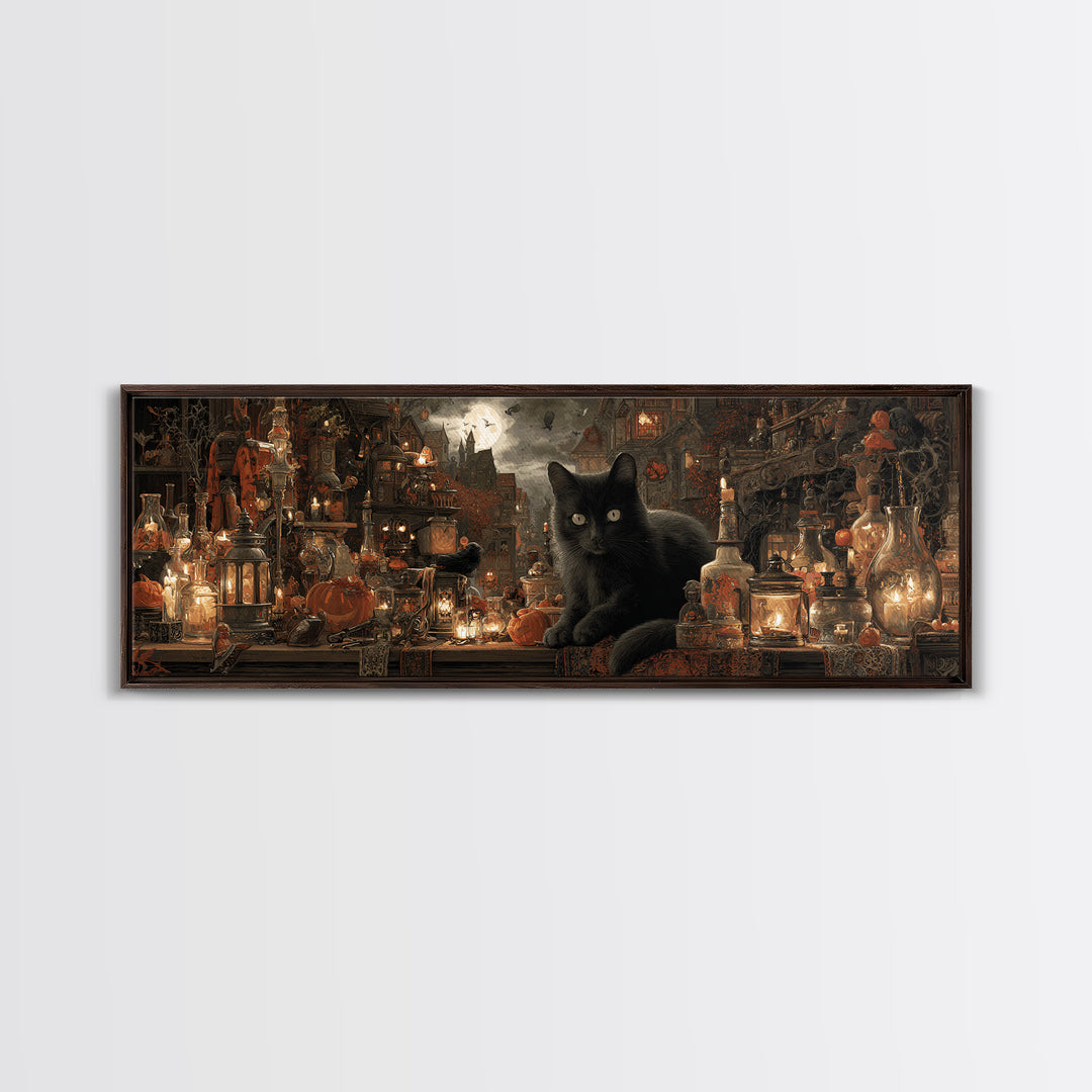 The Witch'S Cat Cafe, Extra Wide Wall Art, Dark Fantasy Wall Art, Canvas Print, Halloween Wall Decor, Gothic Home Decor, Dark Fantasy Art
