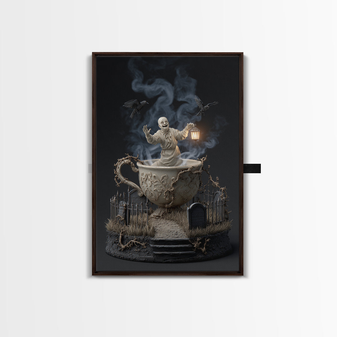 Tiny Ghosts In Teacups, Vertical Wall Art, Dark Fantasy Wall Art, Canvas Print, Halloween Wall Decor, Gothic Home Decor, Macabre Wall Art