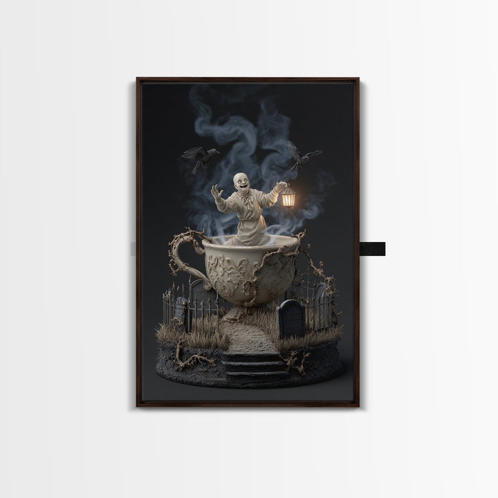 Tiny Ghosts In Teacups, Vertical Wall Art, Dark Fantasy Wall Art, Canvas Print, Halloween Wall Decor, Gothic Home Decor, Macabre Wall Art