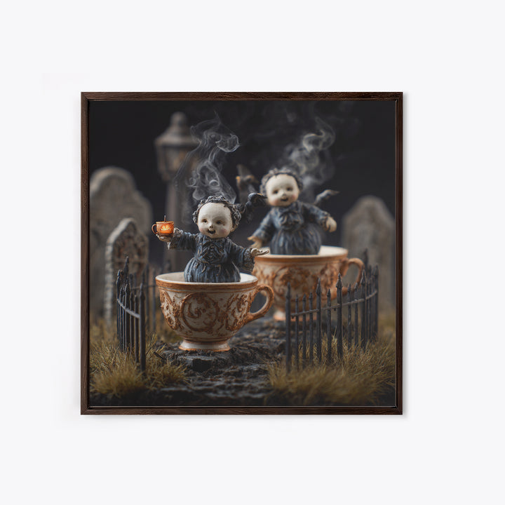 Tiny Ghosts In Teacups, Square Wall Art, Spooky Home Decor, Canvas Print, Halloween Wall Decor, Gothic Home Decor, Horror Wall Art
