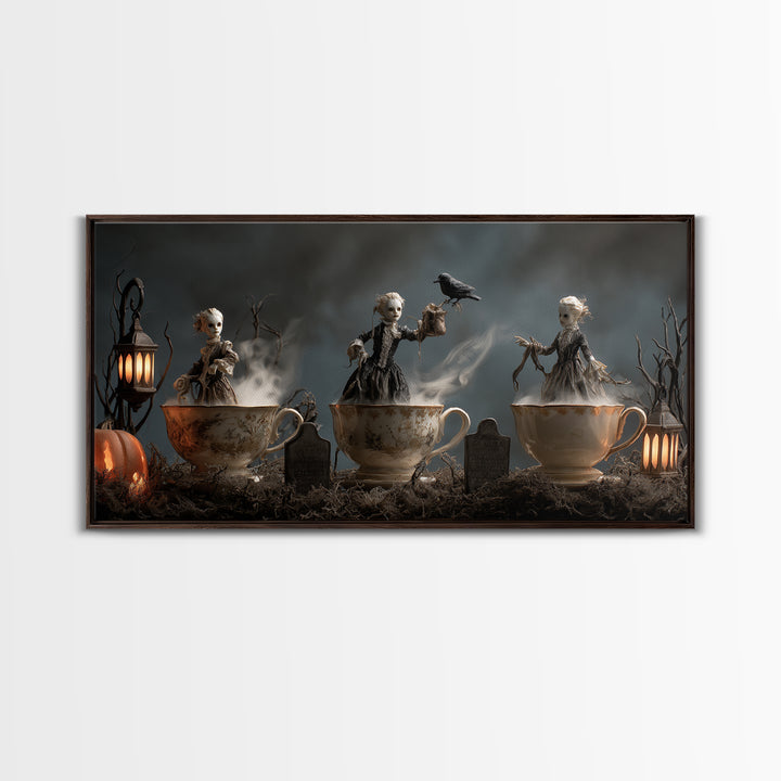 Tiny Ghosts In Teacups, Wide Panoramic Art, Haunted Gothic Art, Framed Canvas Print, Halloween Wall Decor, Gothic Home Decor