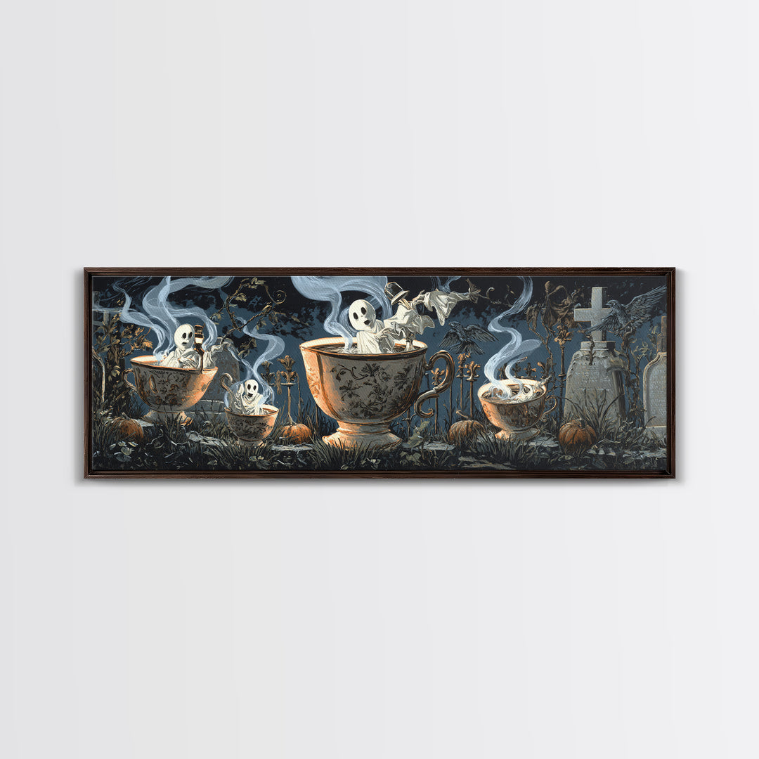 Tiny Ghosts In Teacups, Extra Wide Wall Art, Spooky Home Decor, Canvas Print, Halloween Wall Decor, Gothic Home Decor, Spooky Wall Decor