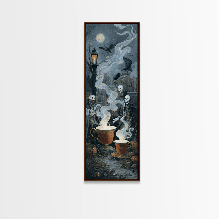 Tiny Ghosts In Teacups, Tall Narrow Wall Art, Macabre Wall Art, Framed Canvas Print, Halloween Wall Decor, Gothic Home Decor