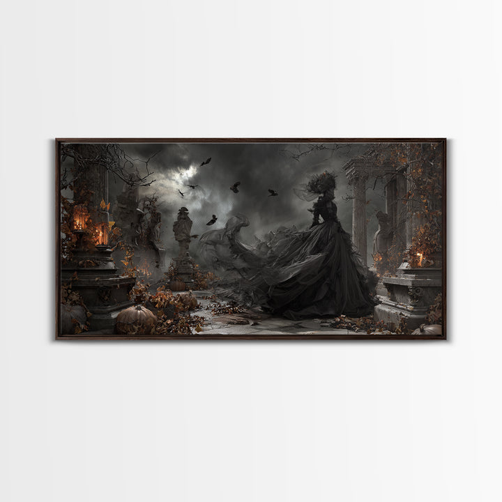 The Spider Sewing Circle, Wide Panoramic Art, Haunted Gothic Art, Framed Canvas Print, Halloween Wall Decor, Gothic Home Decor