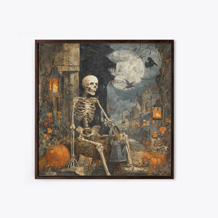 The Skeleton Gardeners, Square Wall Art, Macabre Wall Art, Framed Canvas Print, Halloween Wall Decor, Gothic Home Decor