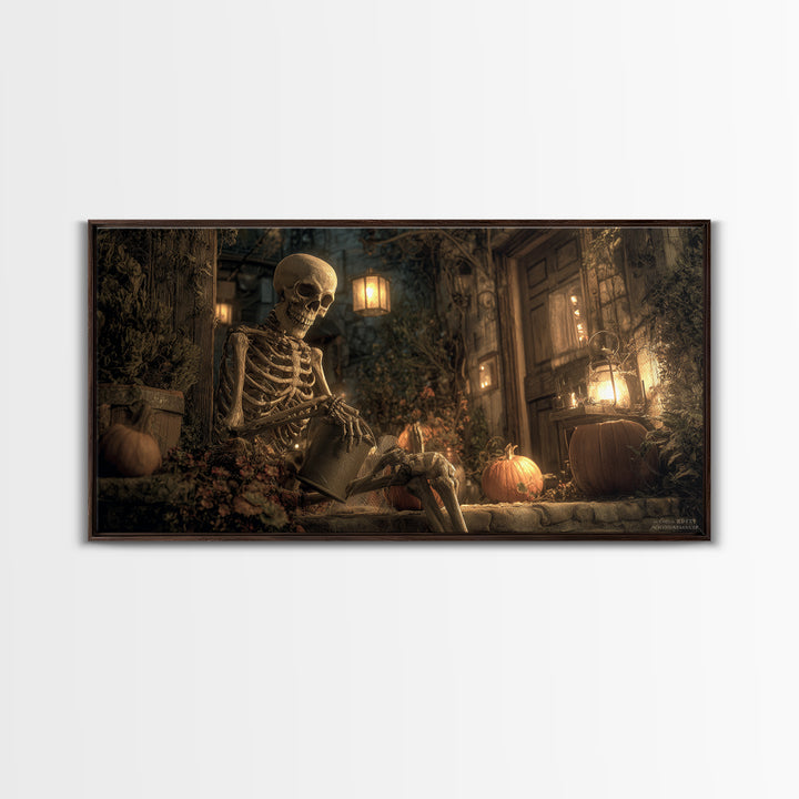 The Skeleton Gardeners, Wide Panoramic Art, Dark Fantasy Wall Art, Canvas Print, Halloween Wall Decor, Gothic Home Decor, Spooky Wall Decor