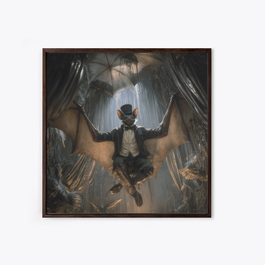 The Bat Umbrella Salesman, Square Wall Art, Gothic Horror Wall Art, Framed Canvas Print, Halloween Wall Decor, Gothic Home Decor