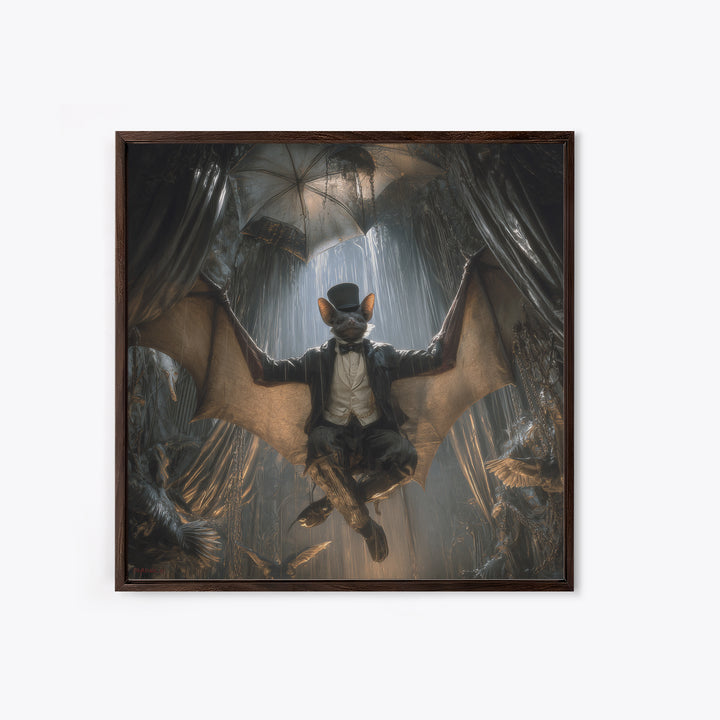 The Bat Umbrella Salesman, Square Wall Art, Gothic Horror Wall Art, Framed Canvas Print, Halloween Wall Decor, Gothic Home Decor
