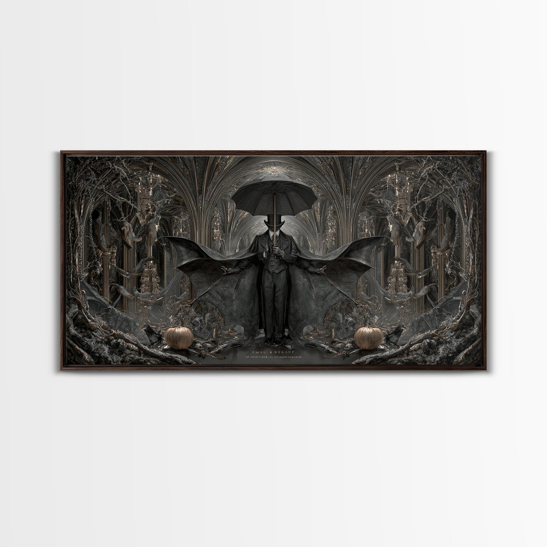 The Bat Umbrella Salesman, Wide Panoramic Art, Dark Fantasy Wall Art, Canvas Print, Halloween Wall Decor, Gothic Home Decor