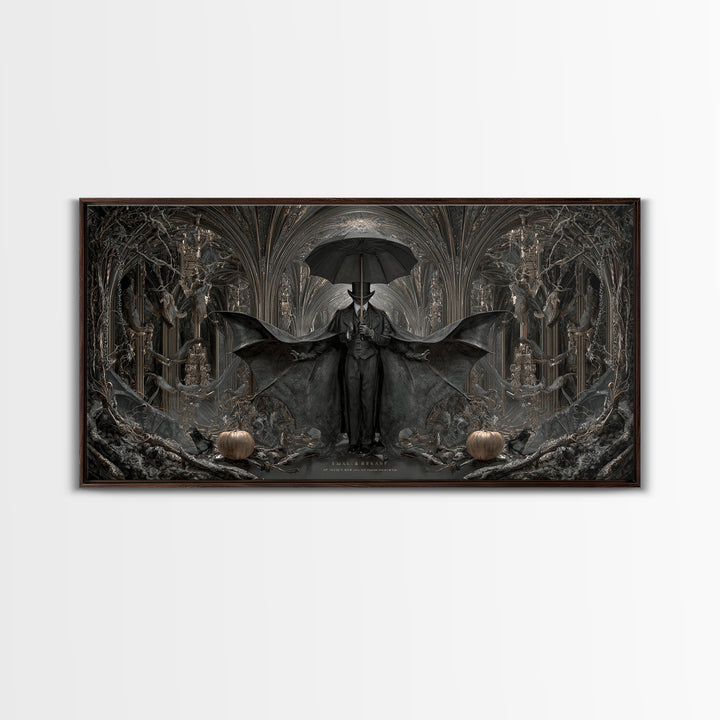 The Bat Umbrella Salesman, Wide Panoramic Art, Dark Fantasy Wall Art, Canvas Print, Halloween Wall Decor, Gothic Home Decor